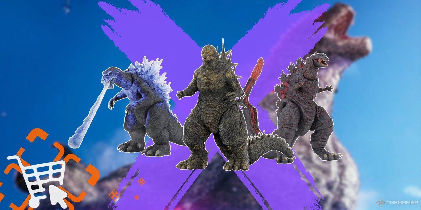 Collage image featuring three different Godzilla toys