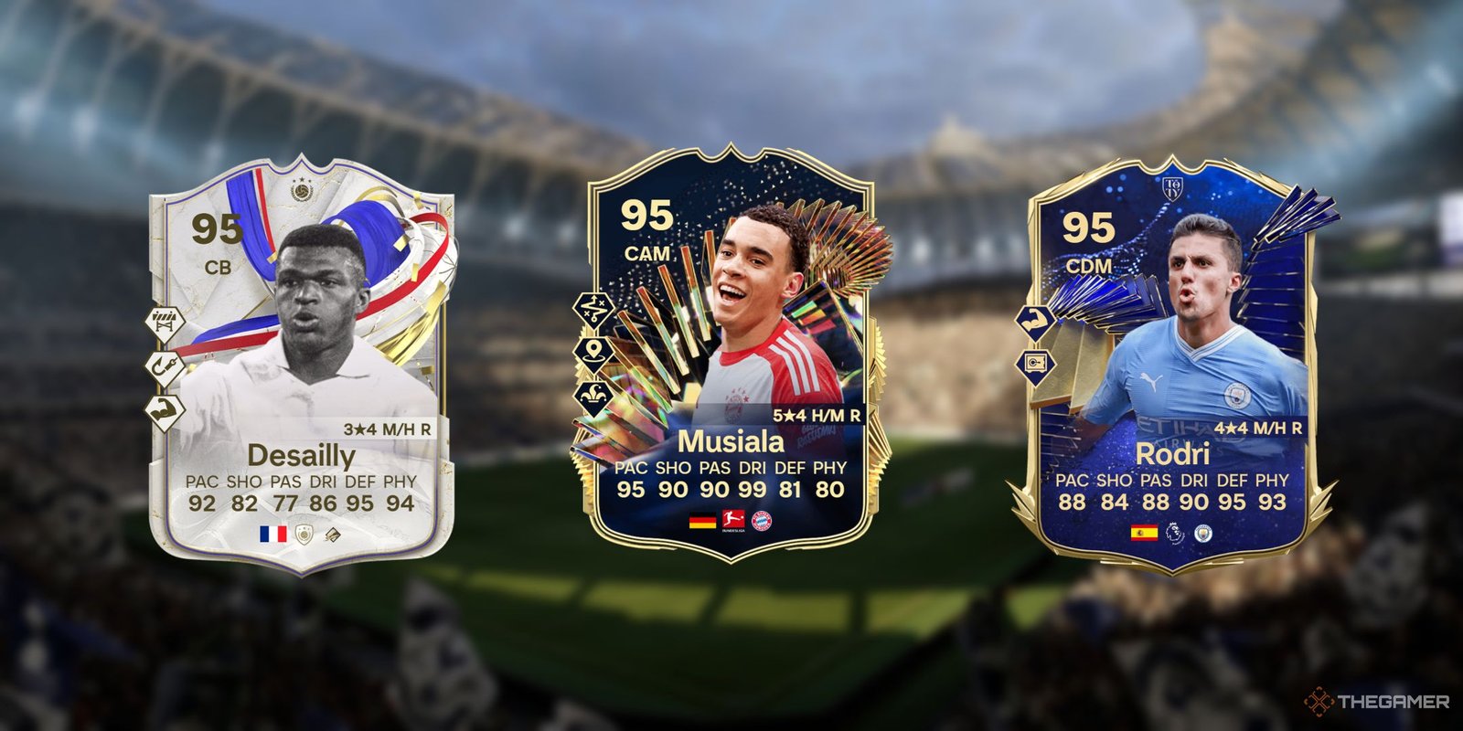 Desailly's, Musiala's, and Rodri's cards in EA Sports FC 24.