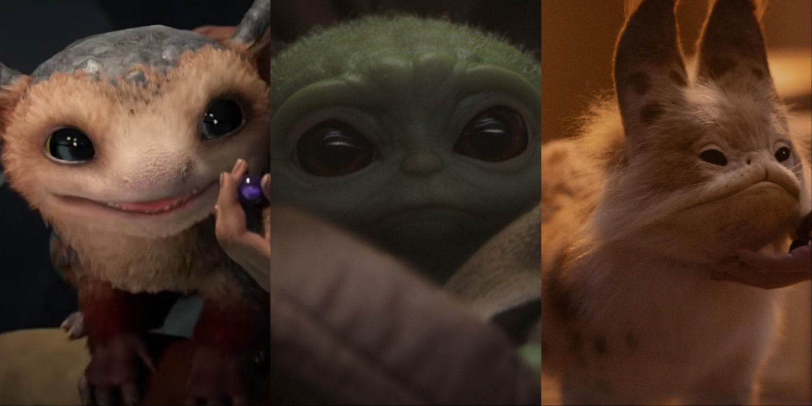 Three-image collage of the Merqaal character Nix in Star Wars Outlaws, Grogu from The Mandalorian, and Sabine's pet Loth-cat Murley in Ahsoka.