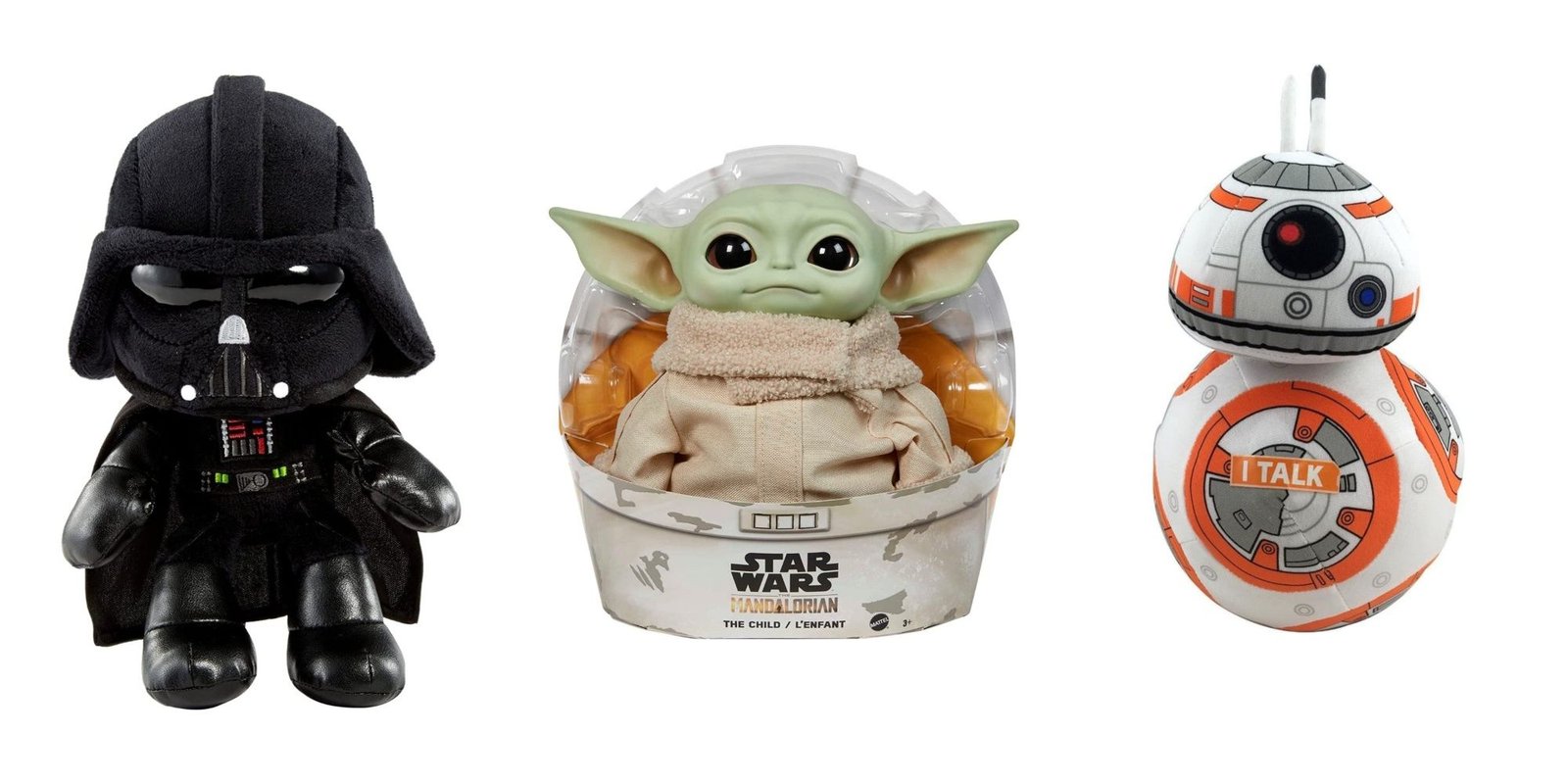 Star Wars plush toys featuring Darth Vader, BB-8, and Grogu