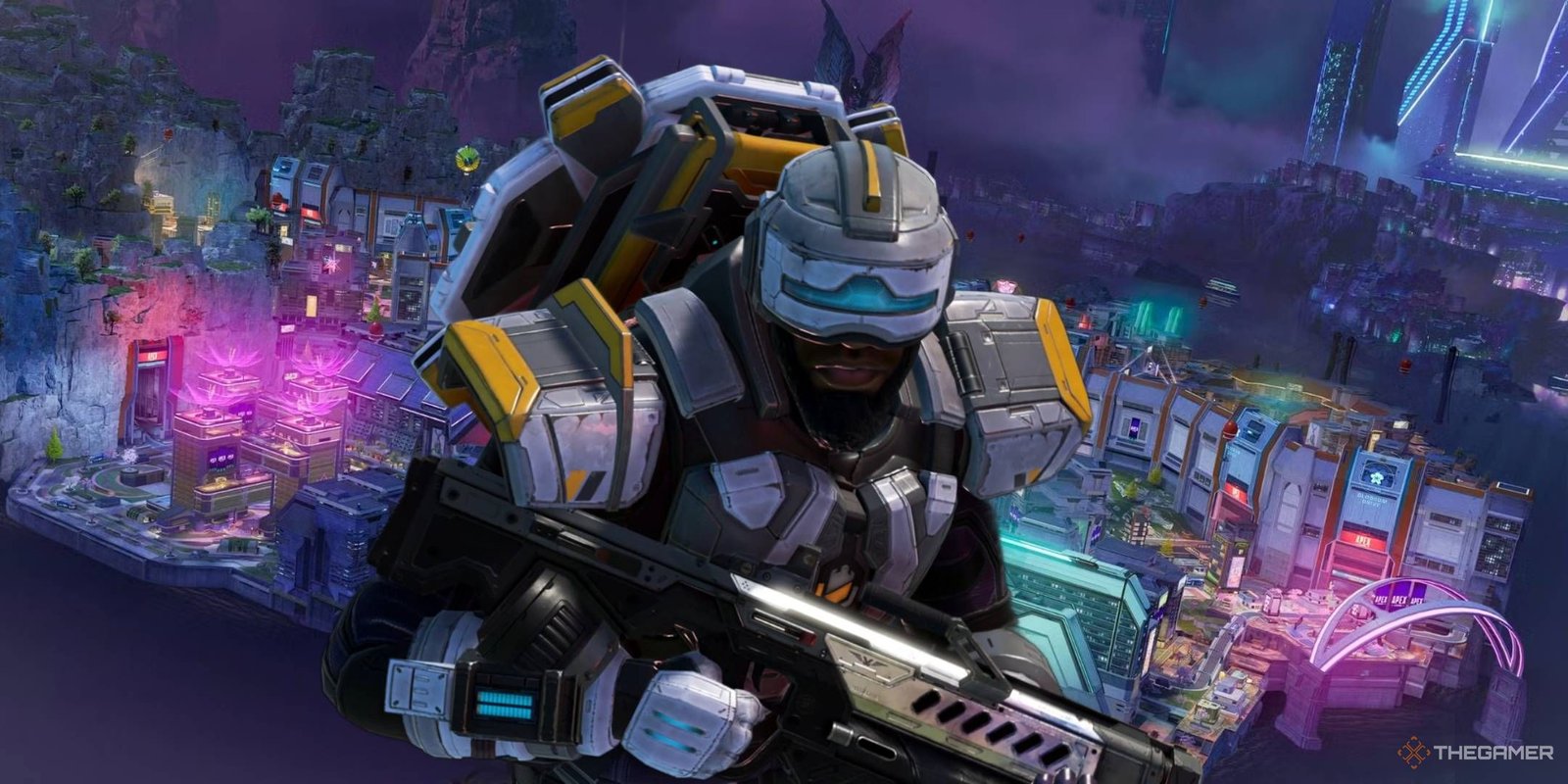 Apex Legends character Newcastle running towards the screen with e-District map behind him-1