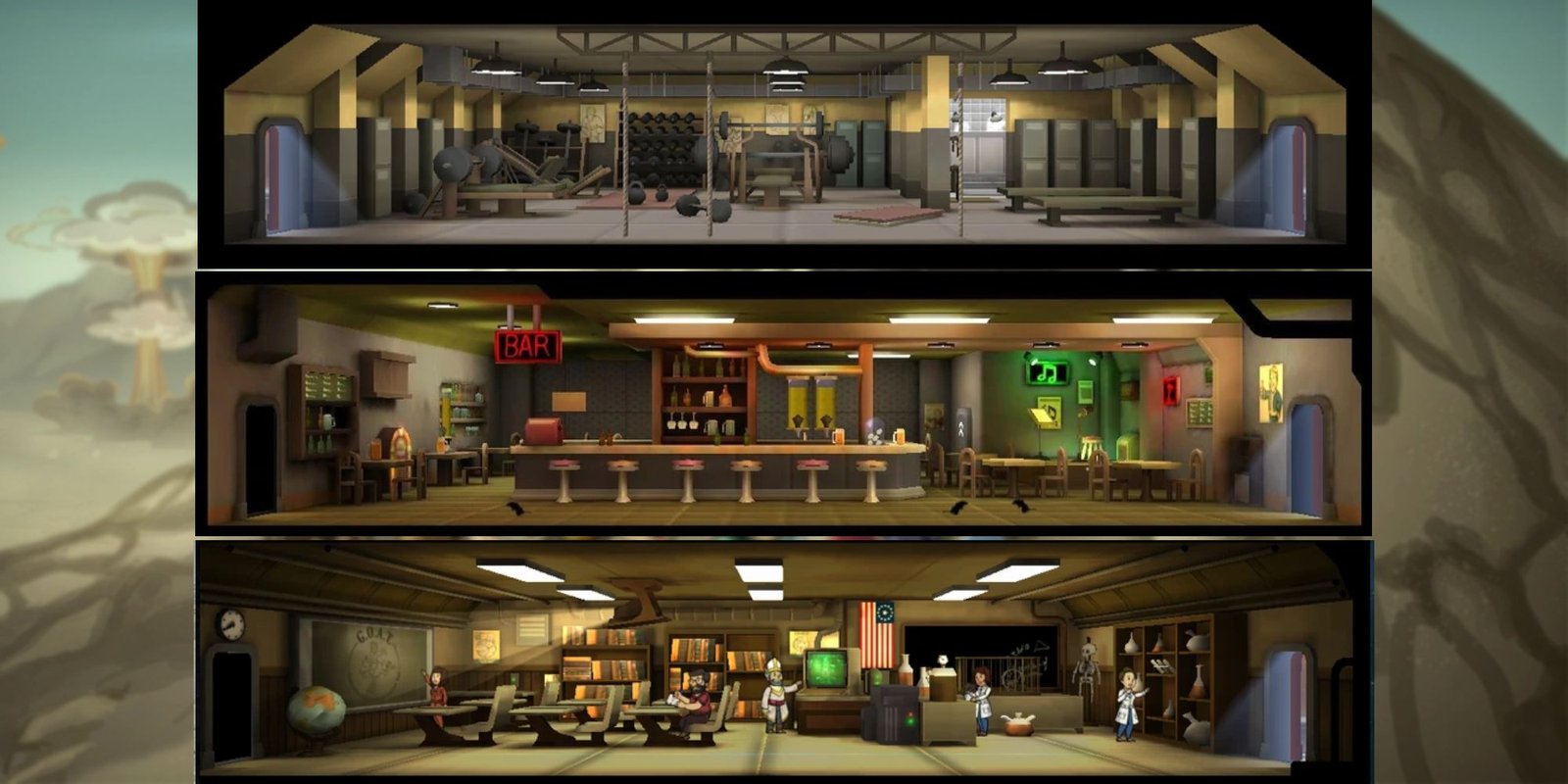 An image from Fallout Shelter of three Training Rooms, where you can train your skills. These are the weightroom, the lounge, and the academy.