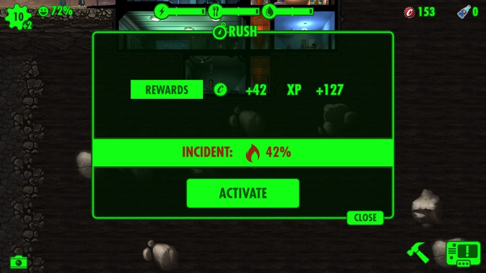 An incident chance of 42 percent if a rush is performed in Fallout Shelter.