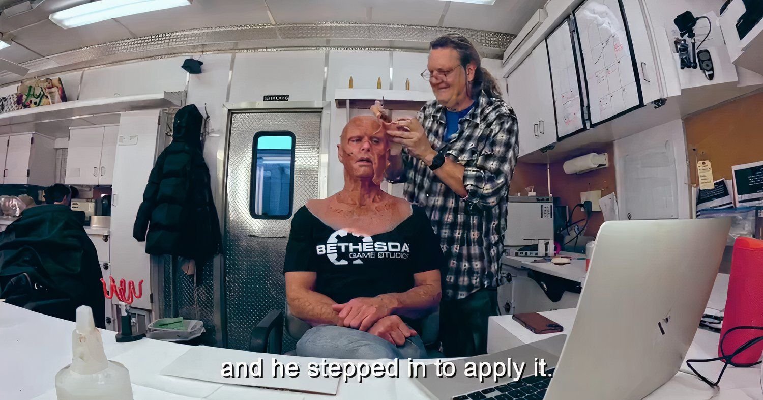 walton goggins having his ghoul makeup applied on set of the fallout tv series