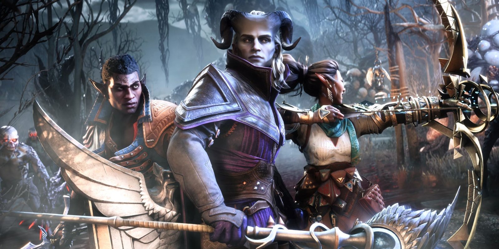 Dragon Age: The Veilguard characters surronded by Darkspawn. From left to right: Davrin, Rook, and Bellara