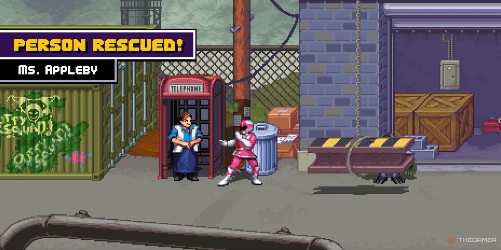 The Pink Power Ranger rescuing a person in Power Rangers: Rita's Rewind.