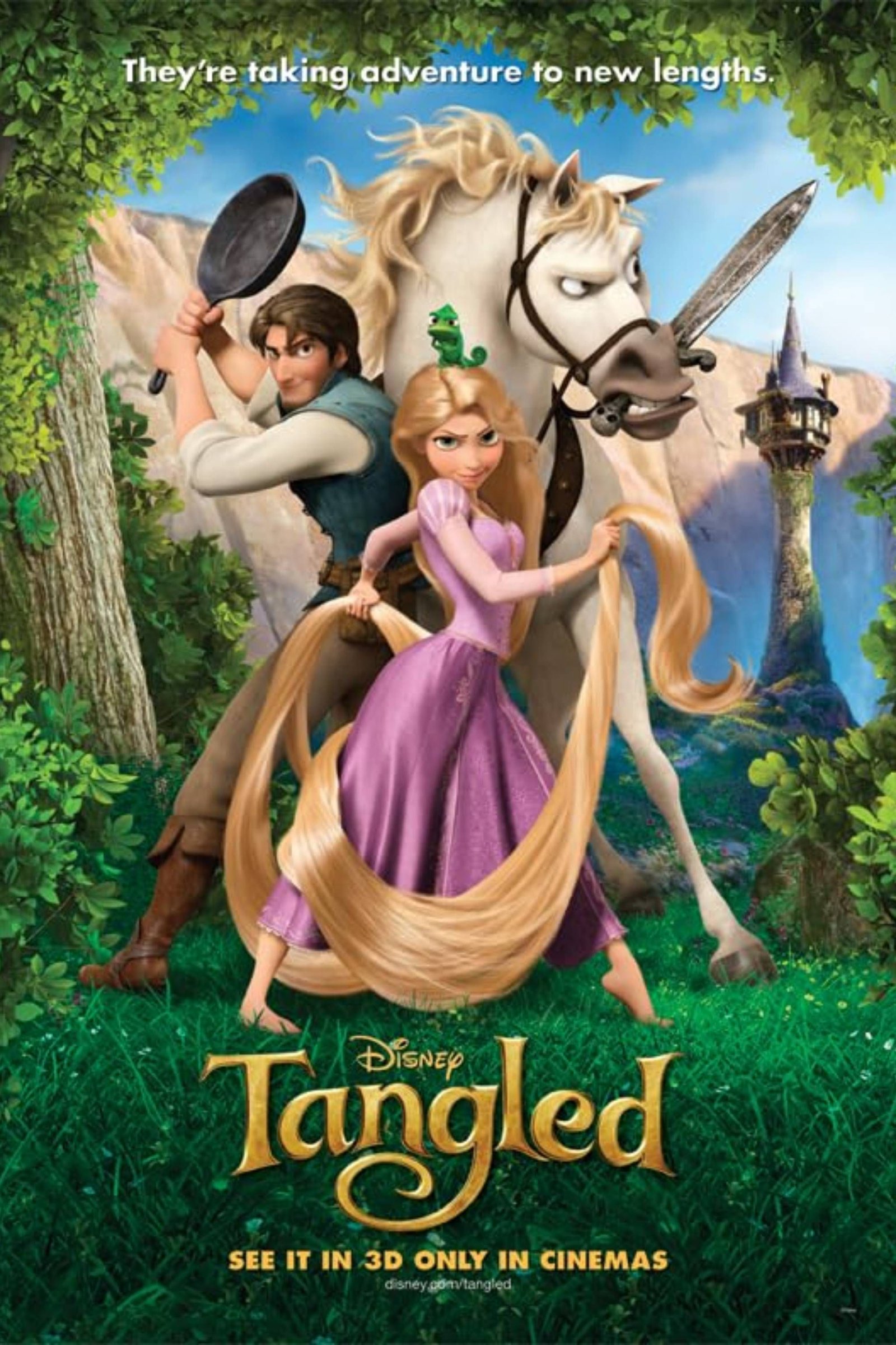 Tangled Theatrical Poster showing Rapunzel, Flynn, and Maximus poised and ready for battle