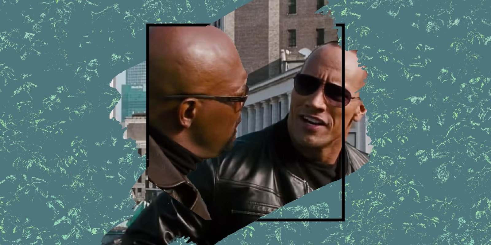 Samuel L. Jackson and Dwayne Johnson looking at each other inside an overlay of a shrub.