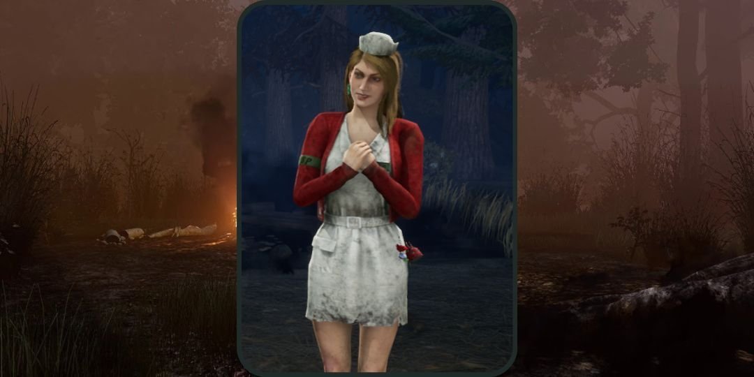 Lisa Garland stands in front of a background in Dead by Daylight.