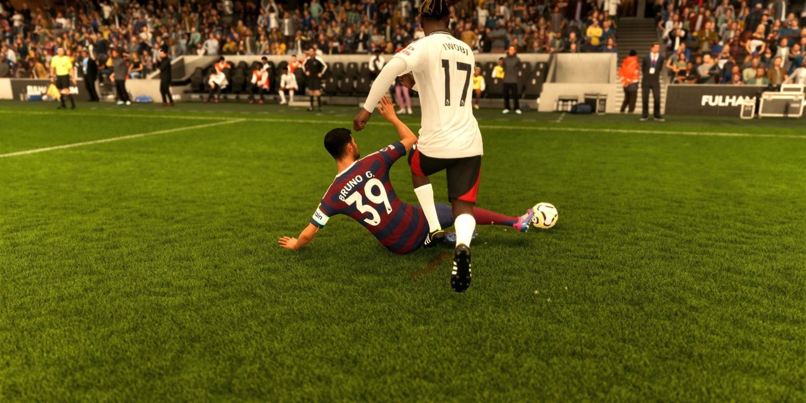 EA Sports FC 25 Bruno Guimaraes tackling Iwobi