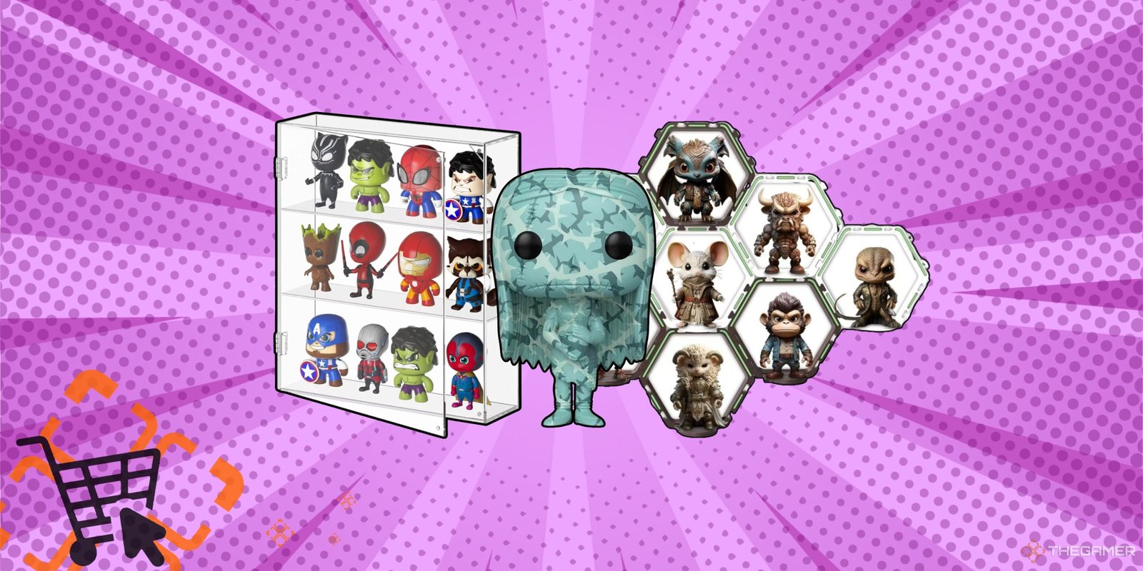 Collage image featuring funko pop display cases and a rare camo funko pop