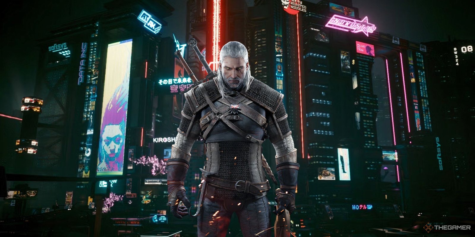 geralt from the witcher 3 standing in front of night city