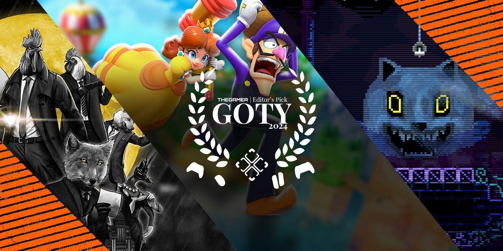 Gabrielle Castania's picks for Game of the Year, featuring Chicken Police Into the Hive, Daisy and Waluigi from Super Mario Party Jamboree, and the dog ghost from Animal Well.