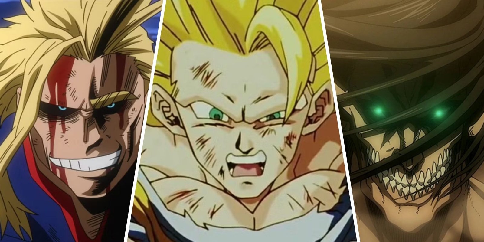 Split image of All Might, Goku and the Attack Titan.