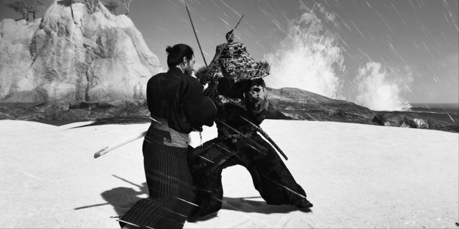 Ghost Of Tsushima - Jin Sakai Locking Blades With An Enemy In An Open Field In The Black-And-White Kurosawa Mode.