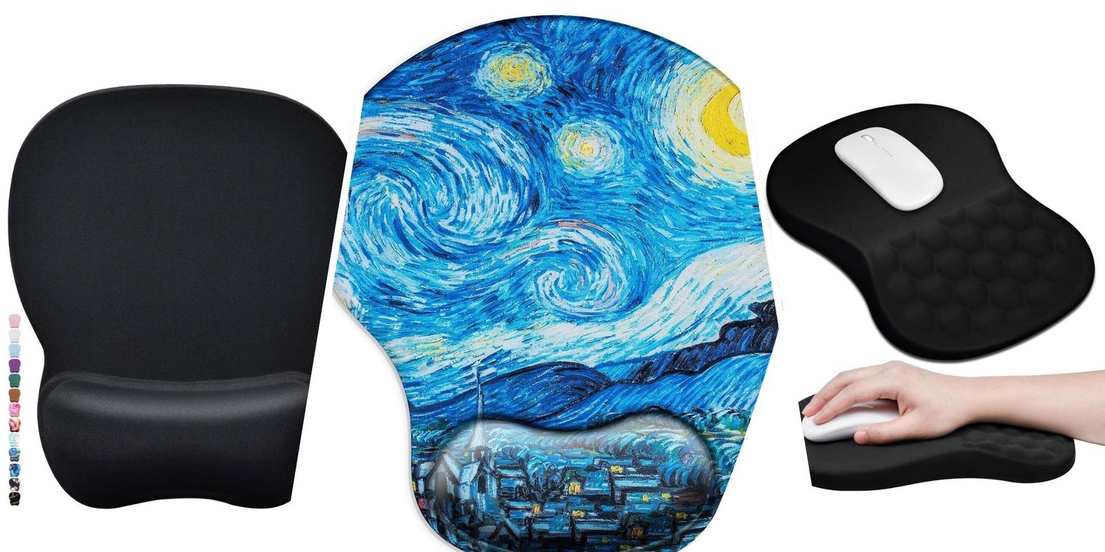 A three-split image of three different ergonomic mousepads, each with a different design to showcase their versatility.