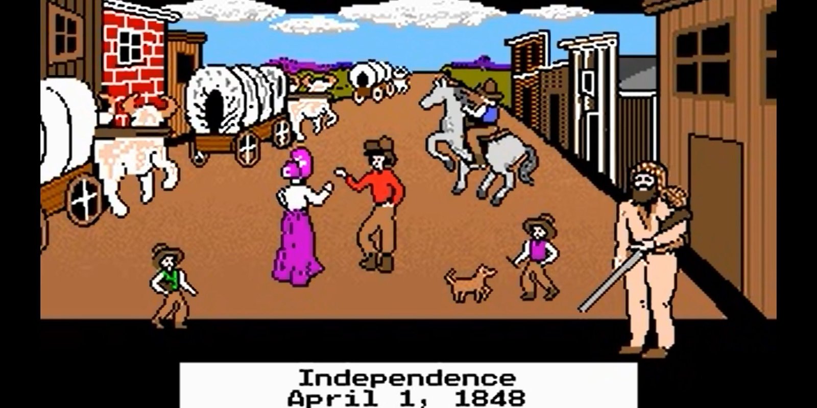 Exploring the city of Independence with many villagers and wagons roaming around in Oregon Trail